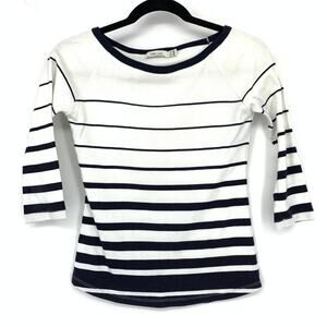 Zara Basic 3/4 Sleeve Boatneck Tee Womens Sz M White Navy Blue Striped
